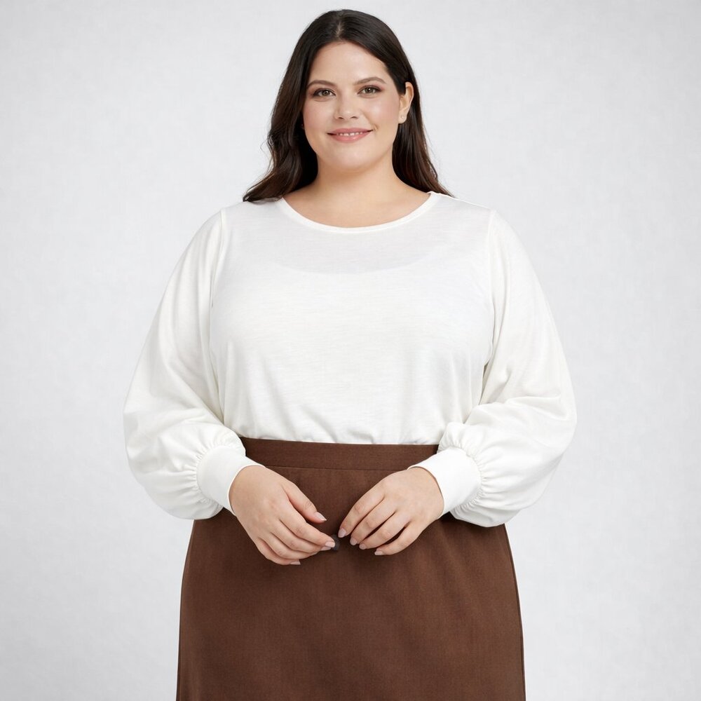 White Round Neck Long Balloon Sleeve Top XXL